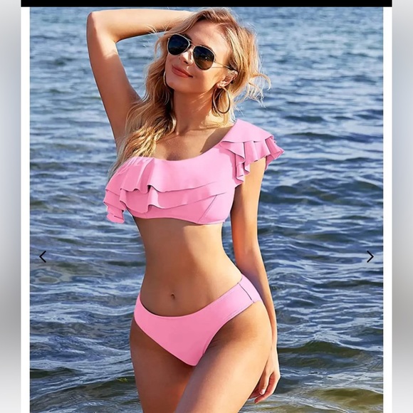 Pink AvidLover One Shoulder Bikini With Ruffles NWT Large - Picture 1 of 3
